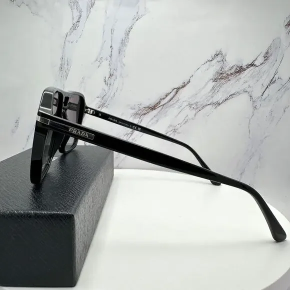 NEW PRADA Sunglasses Black Aviator Pilot 55-17mm Grey Lens Silver Logo